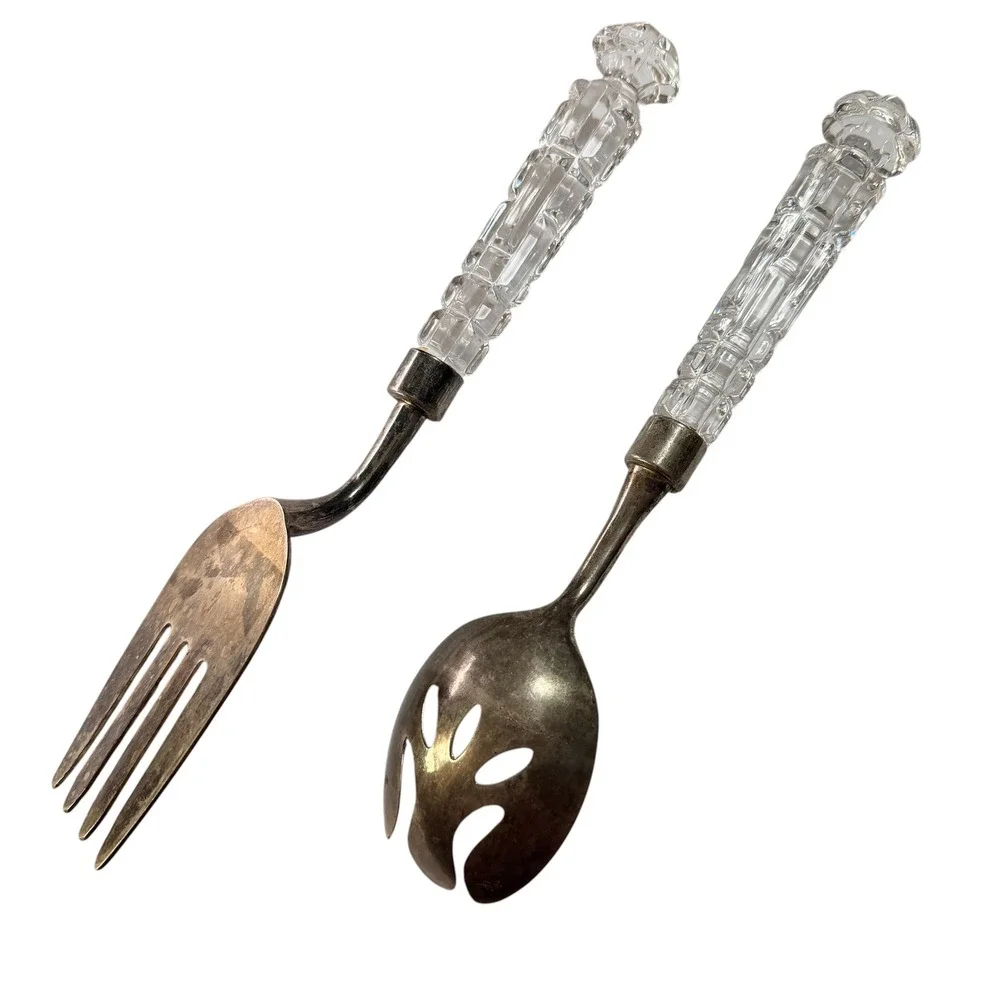 Vintage Salad Serving Set Faceted Glass Handles Silver Tone Fork Spoon 2 Piece